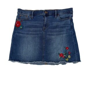 J Crew Denim Skirt Floral‎ Embroidered Frayed Hem A Line Women's Size 14